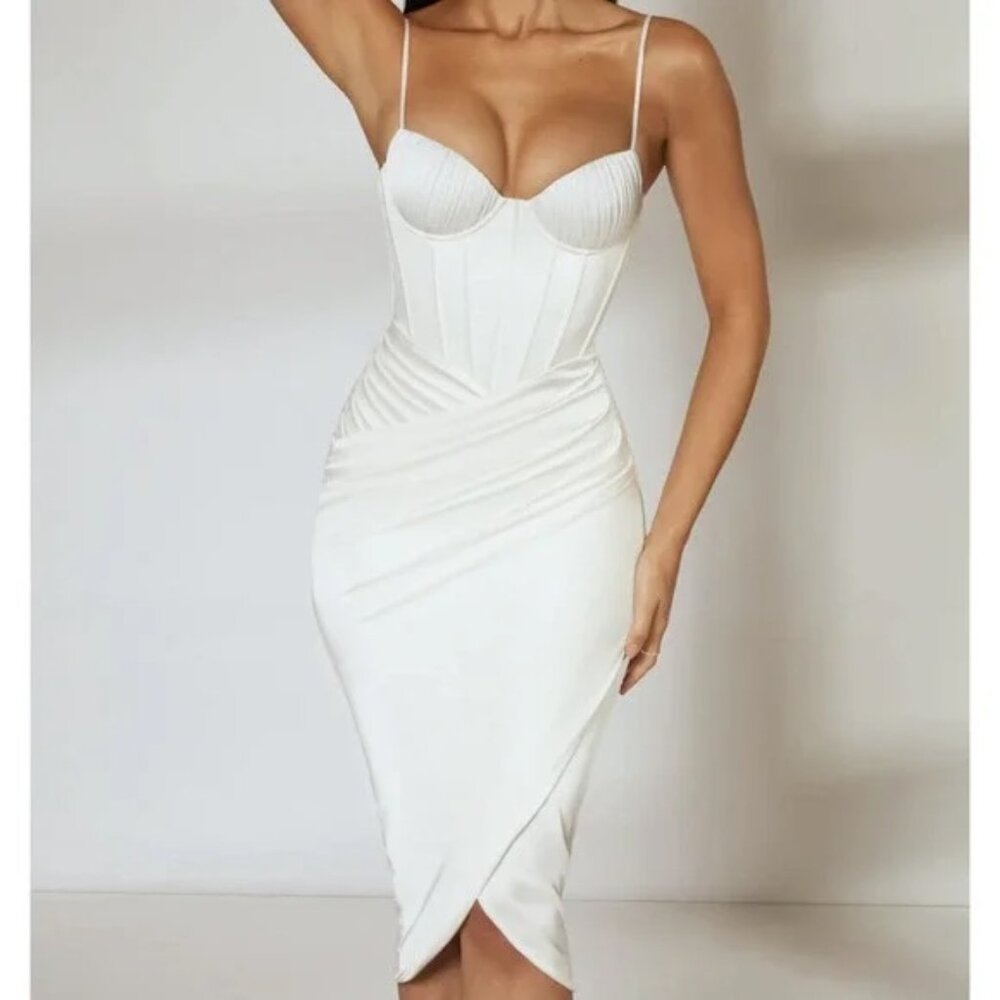 Tenderness Draped Skirt Corset Midi Dress in Ivory | Oh Polly